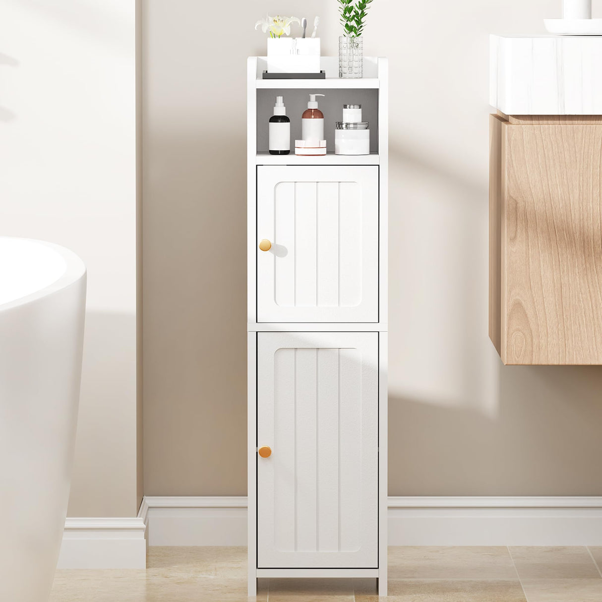 BEWISHOME Small Bathroom Cabinet ,Bathroom Storage Cabinet with Adjustable Shelves & 2 Doors,Narrow Toilet Paper Cabinets,7.9 x 7.9 x 31.5 Inches, for Small Spaces, White YYG03W BEWISHOME
