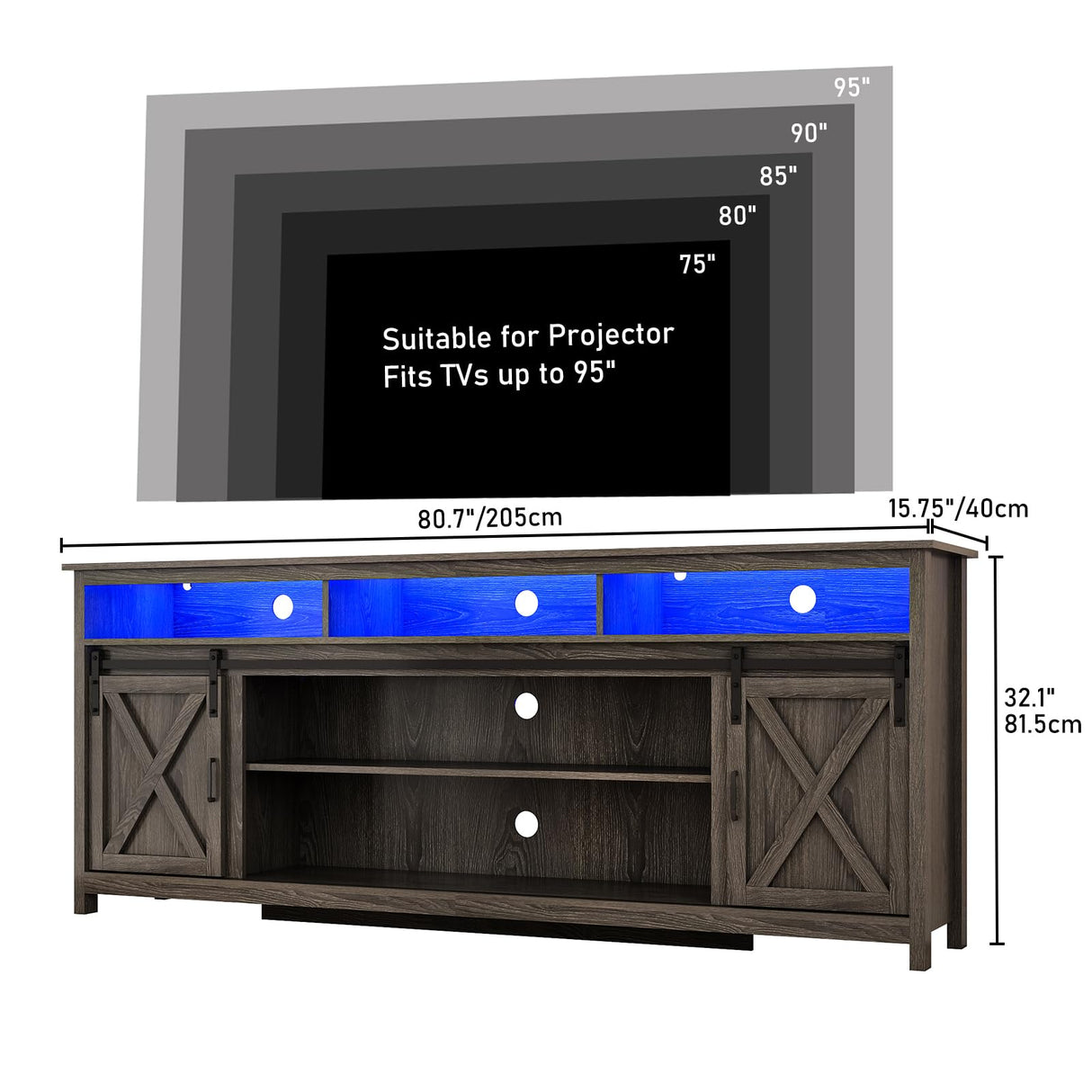 80" LED Farmhouse TV Stand for 90/85/80 Inch TVs,Tall Entertainment Center Storage Cabinets w/Power Outlets and Sliding Barn Door,Rustic TV Stands for Living Room,Media Console Cabinet (Charcoal) Hlivelood