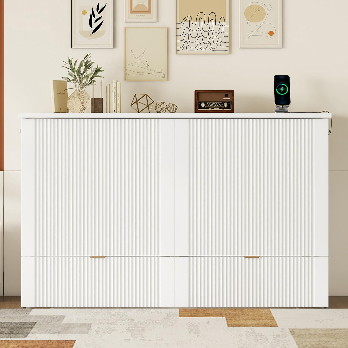 Ball & Cast Murphy Bed Queen Size Folding Wall Chest with Drawer and a Set of Sockets & USB Ports,Wood Hideaway Cabinet Platform Bedframe W/Pulley Structure Design,for Guest Room,Study,Office,White Ball & Cast