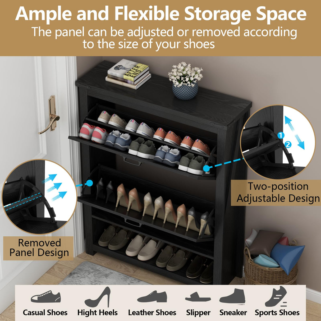 Loomie Farmhouse Shoe Cabinet,Free Standing Tipping Bucket Shoe Rack Organizer with 2 Flip Drawers,Entryway Narrow Shoe Storage with Storage Cubby,Modern Slim Hidden Shoe Cabinet with Doors, Black Loomie