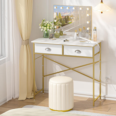 Small Vanity Desk No Mirror for Kids Bedroom, 31.5 Inch Vanity Table with Drawers, Makeup Vanity Desk for Narrow Spaces, White and Gold(No Mirror)