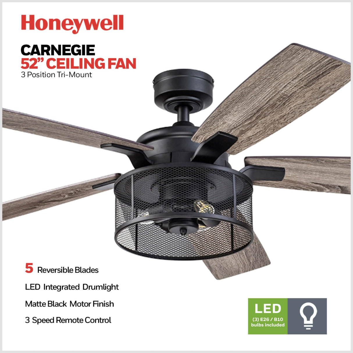 Honeywell Ceiling Fans Carnegie Industrial 52 Inch Ceiling Fan with Light, Remote Control Fan, LED Indoor Fan with 5 Blades, Gray Pine and Brown Chestnut Blade Finish Options, Matte Black (50614-01) Honeywell
