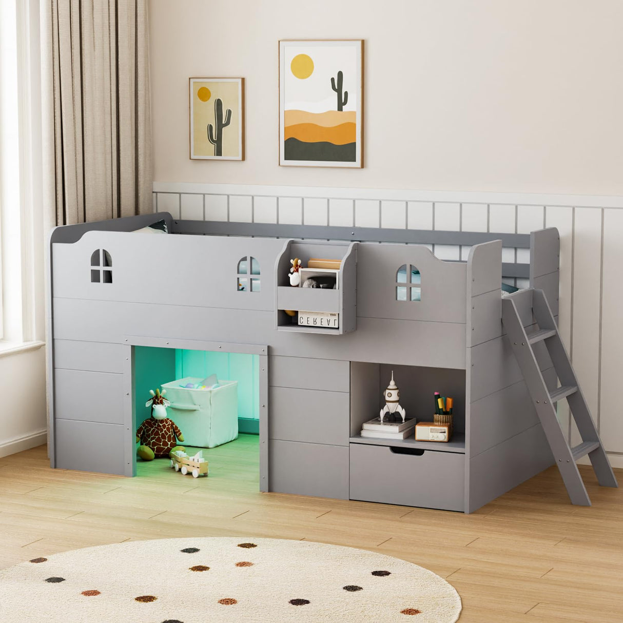 JOYMOR Loft Bed Twin Size with Led Light, Low Loft Bed with Storage Drawer, Modern Farmhouse Loft Bed with Castle Guardrail and Window, Book Rack, Smart APP Control, No Box Spring Needed (Gray) JOYMOR