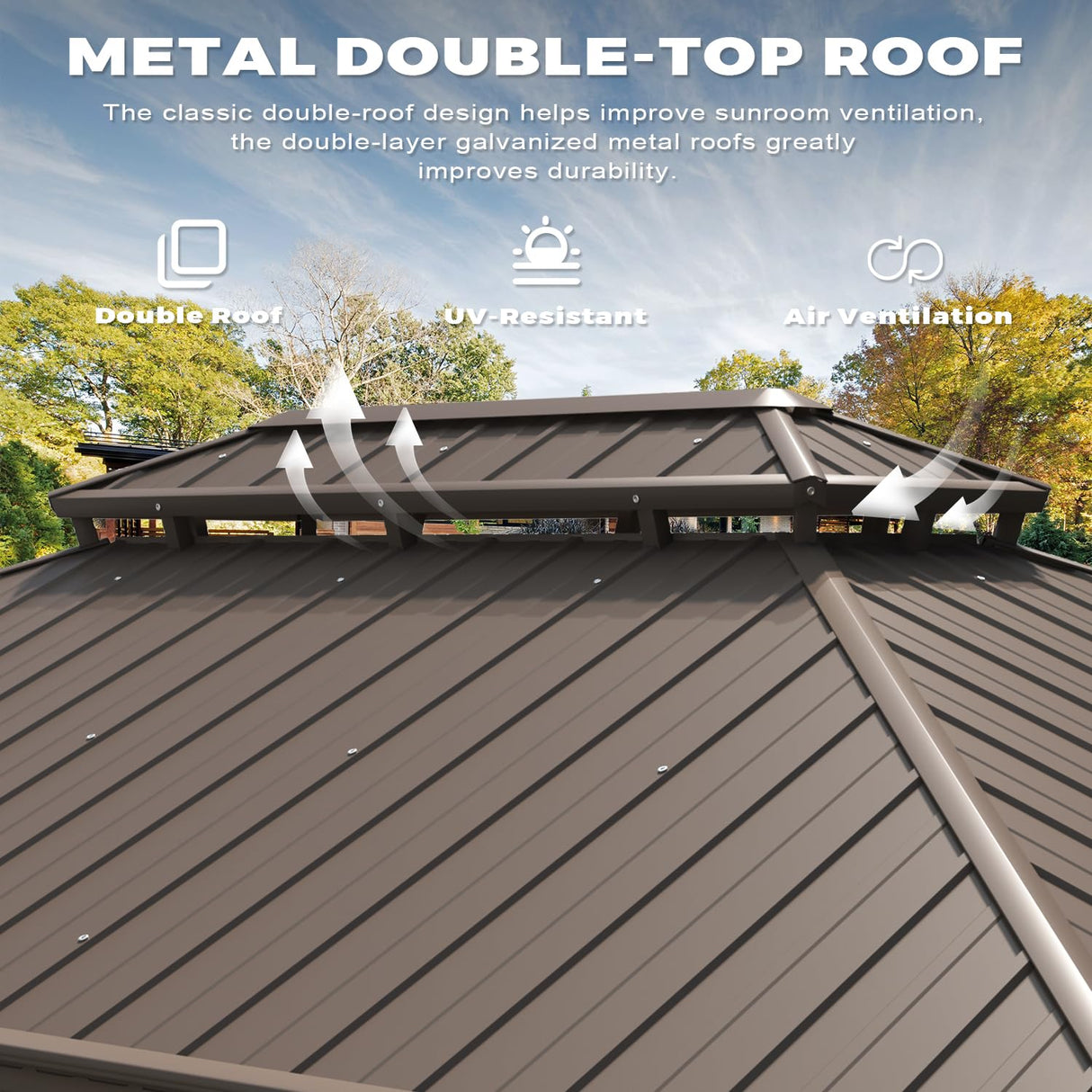 EROMMY 12' x 16' Sunroom, All-Season Gazebo Solarium with Galvanized Steel Roof, Aluminum Frame, Outdoor Permanent Sun Room with Sliding Door EROMMY