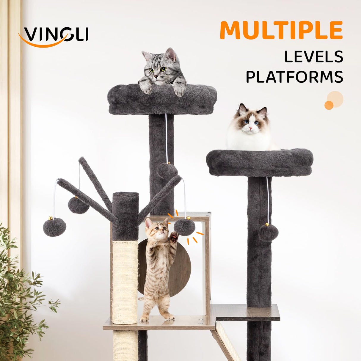 VINGLI Cat Tree Tower with Litter Box, Houses for Indoor Kittens, 53" All-in-1 Wooden Cats Condo, Cat Tower wih Scratching Posts, Hidden Cat Washroom Furniture, Gray VINGLI