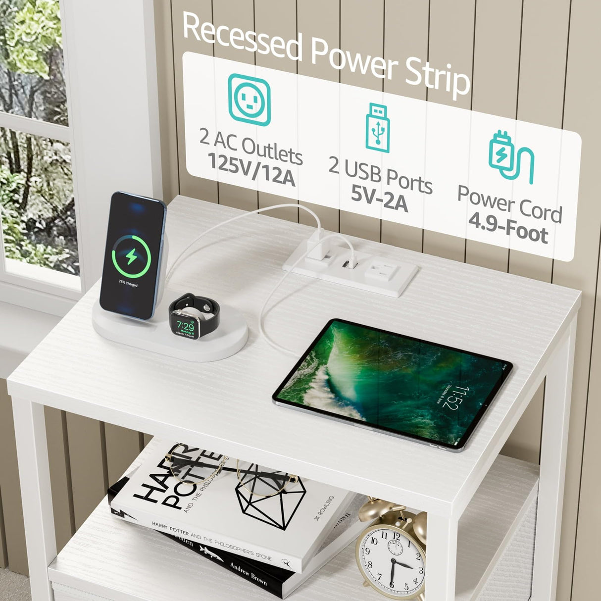 BOLUO White Nightstand with Charging Station, LED Night Stand with 2 Fabric Drawers, Bedside Table with USB Ports and Outlets, Nightstand for Bedroom Modern BOLUO