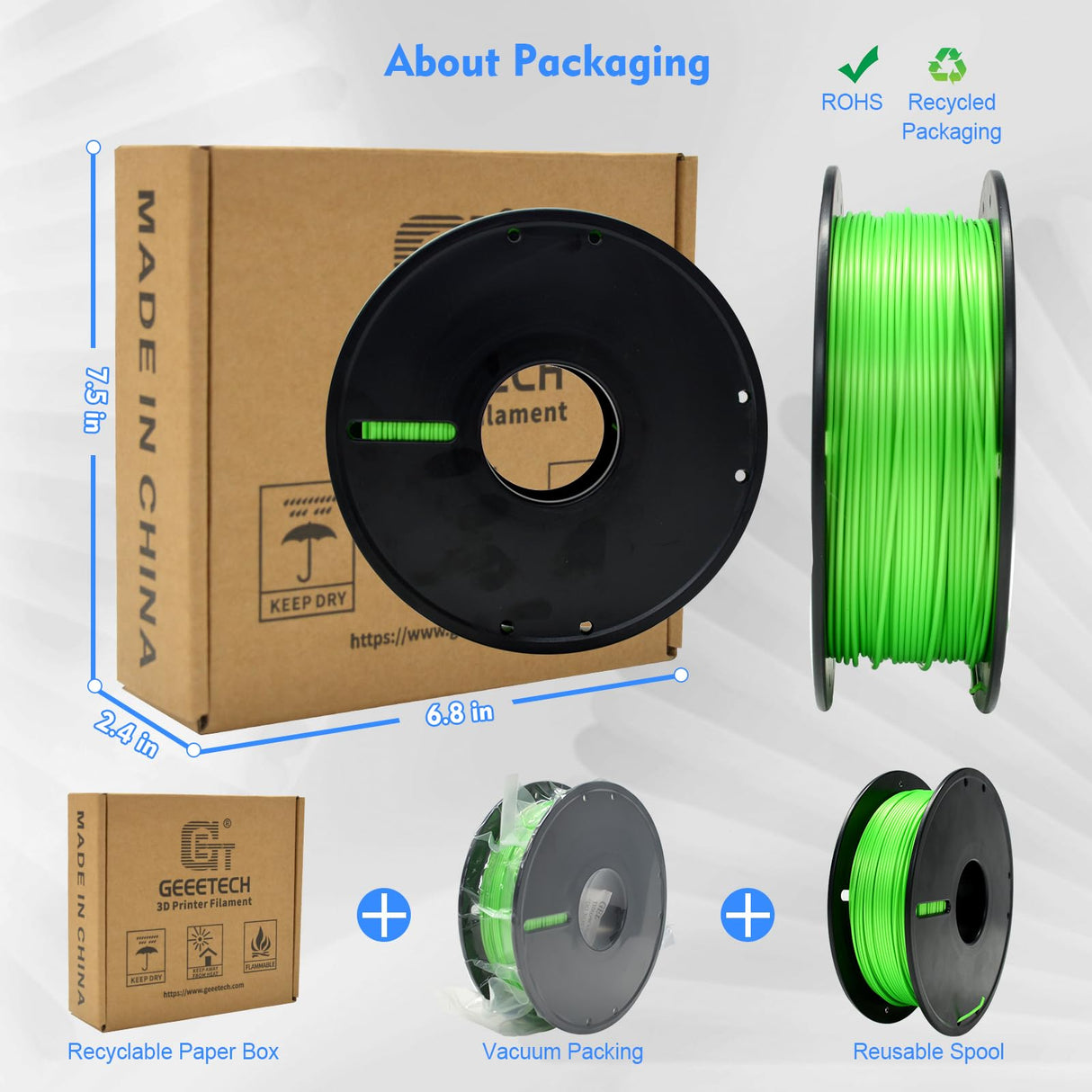 GEEETECH PLA Filament 1.75mm, 500g Spool (1.1 LBS) – Dimensional Accuracy ±0.02mm 3D Printer Filament, Low Warping & High-Speed Printing, Fits Most FDM 3D Printers, Green Geeetech