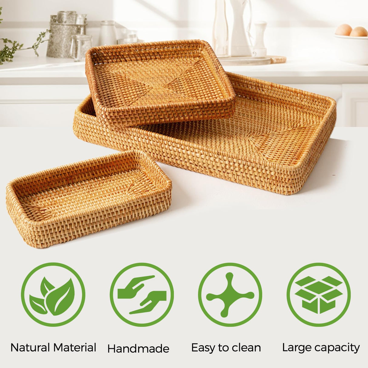 Rattan Serving Tray, Rectangle Rattan Basket Set of 3, Wicker Storage Basket Wicker Baskets for Organizing, Natural Basket Tray Decorative Basket Woven Tray for Home Decor Bathroom Kitchen Counter S310