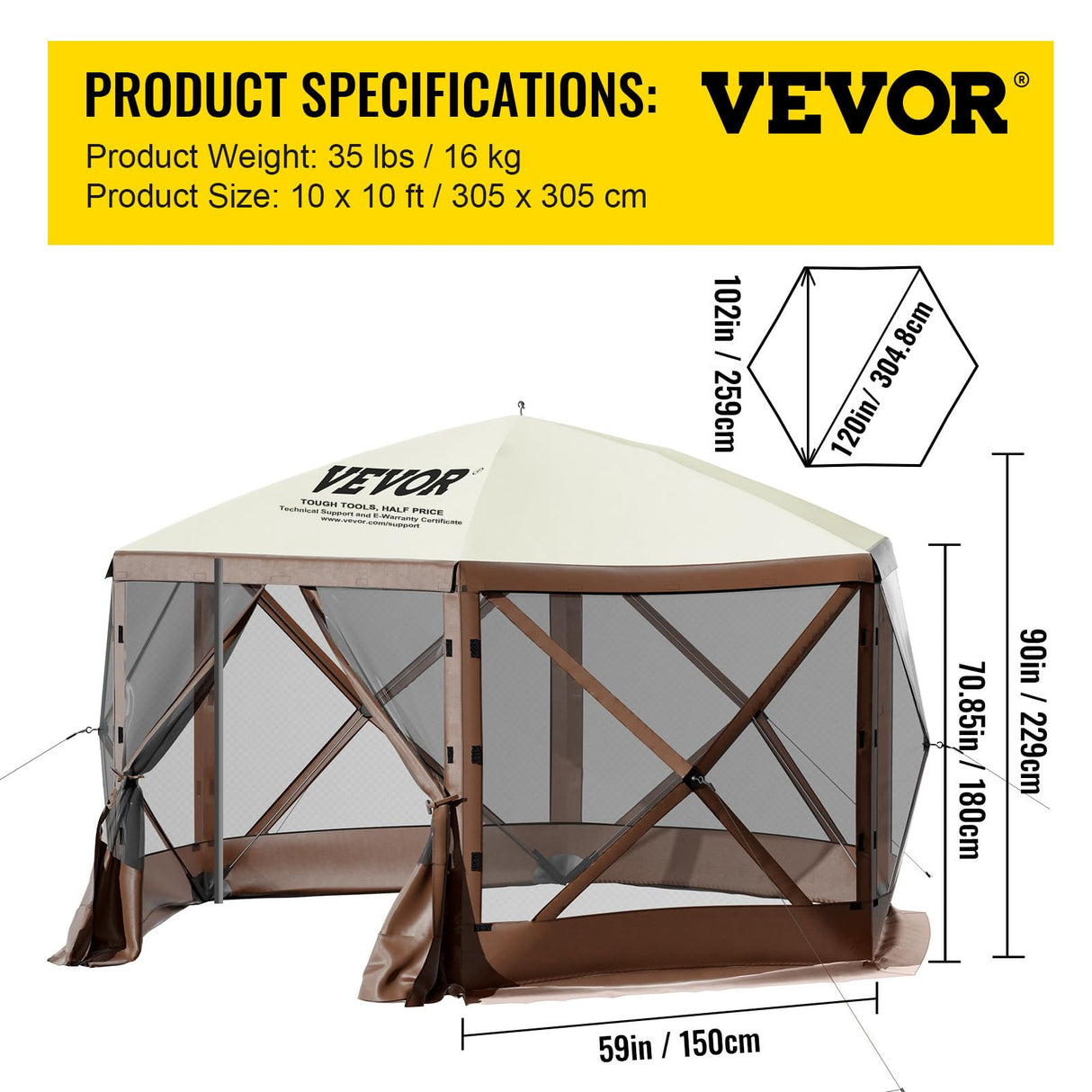 VEVOR Camping Gazebo Screen Tent, 10 * 10ft, 6 Sided Pop-up Canopy Shelter Tent with Mesh Windows, Portable Carry Bag, Stakes, Large Shade Tents for Outdoor Camping, Lawn and Backyard VEVOR
