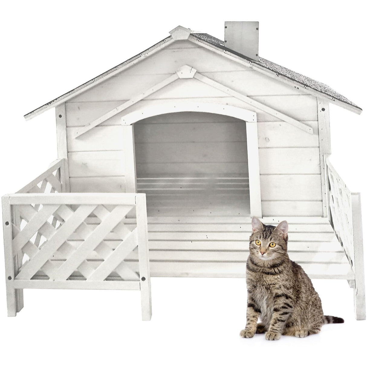 Critter Sitters 27'' Pet House with Porch, Weather-Resistant Dog House for Animals up to 44 Pounds, Waterproof Outdoor Dog House, Ideal for Cats, Dogs, and Rabbits, White Fir Wood Dog Houses CRITTER SITTERS