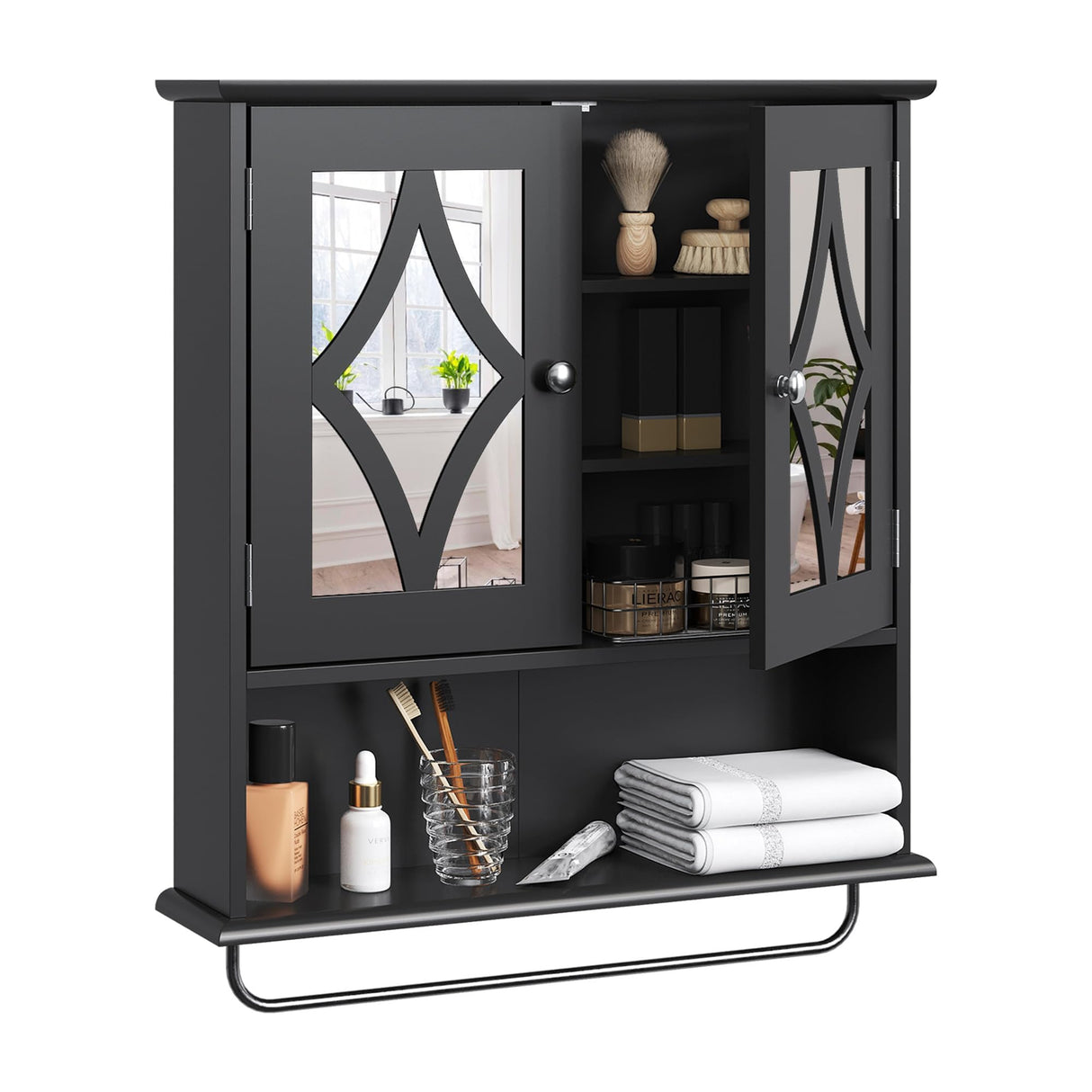 RoyalCraft 22x25 Bathroom Medicine Cabinet with Mirror, Large Wood Wall Mounted Storage Cabinet with Shelves and Towel Bar, Over The Toilet Storage Cabinet for Bathroom, Laundry, Living Room, Black RoyalCraft