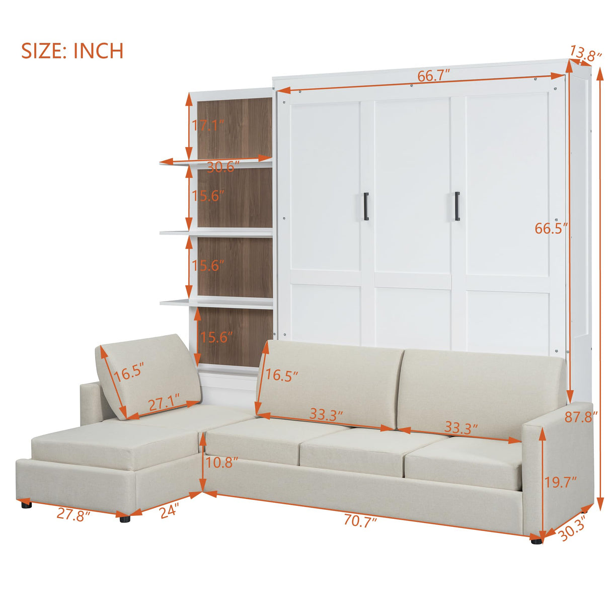 HABITRIO Queen Size Murphy Bed, Wooden Queen Murphy Bed Frame with Shelves, Wall Bed with L-Shape Sofa, White HABITRIO
