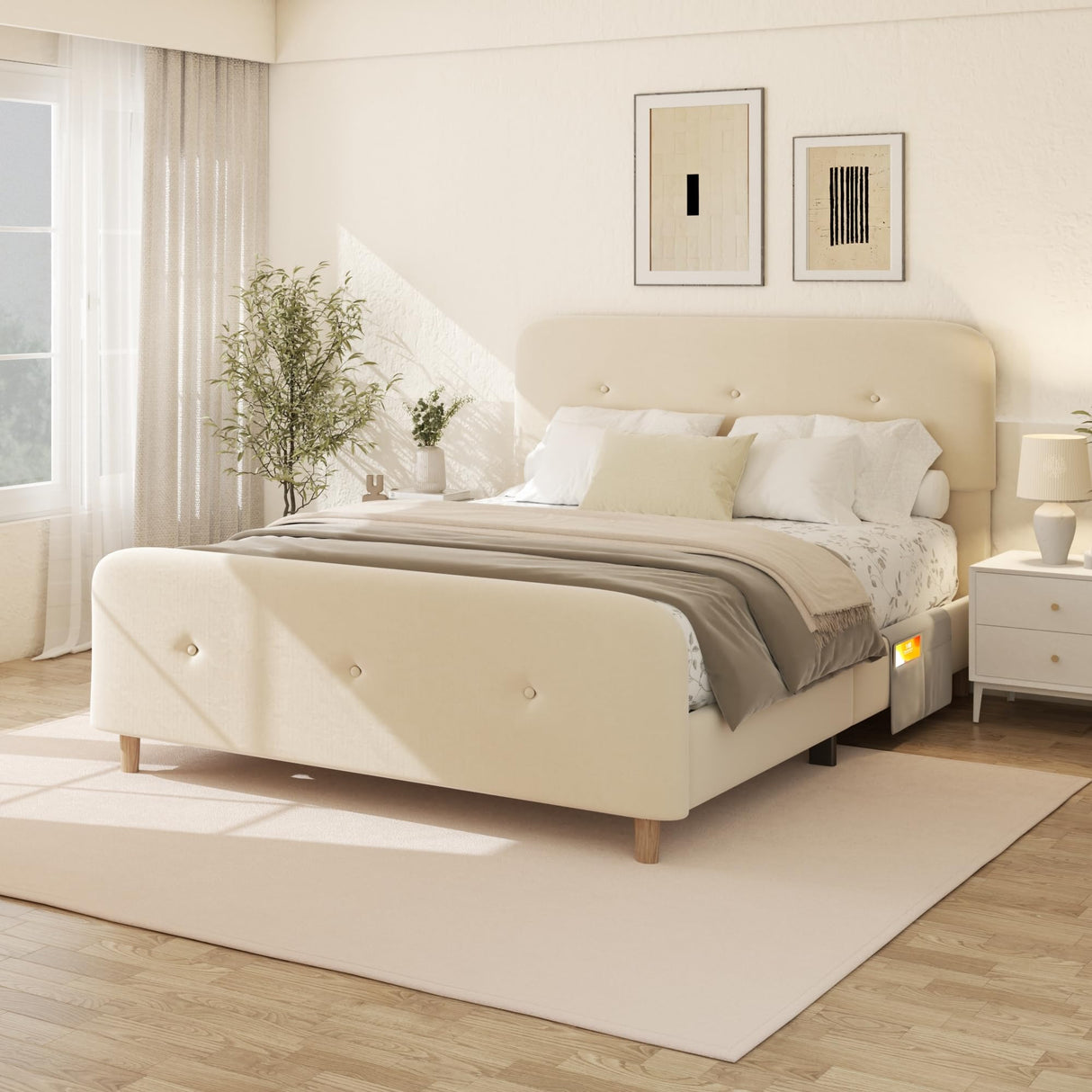 Queen Size Platform Bed Frame with Velvet Upholstered Headboard, Button Tufted Headboard and Footboard, Anti-Collision Soft Rounded Corners, No Box Spring Needed, Easy Assembly, Beige viplov