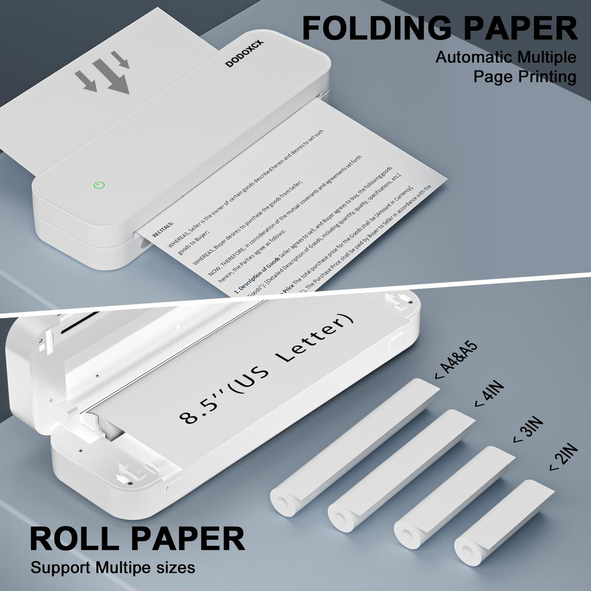 Portable Printers Wireless for Travel,Portable-Thermal-Wireless-Bluetooth-Inkless-Printer,Support 8.5" X 11" US Letter&Legal A4&A5 Thermal Paper,Compatible with Android,iOS Phone&Laptop for Car Home DODOXCX