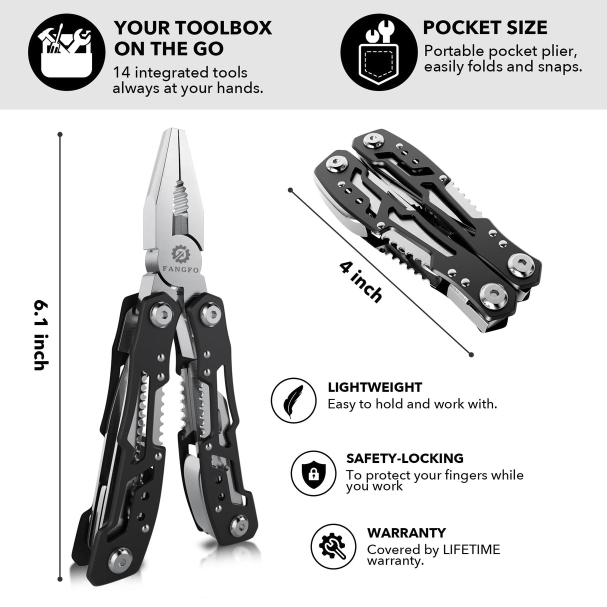 14-In-1 Multitool with Safety Locking, Professional Stainless Steel Multitool Pliers Pocket Knife, Bottle Opener, Screwdriver with Nylon Sheath ,Apply to Survival,Camping, Hunting and Hiking fangfo