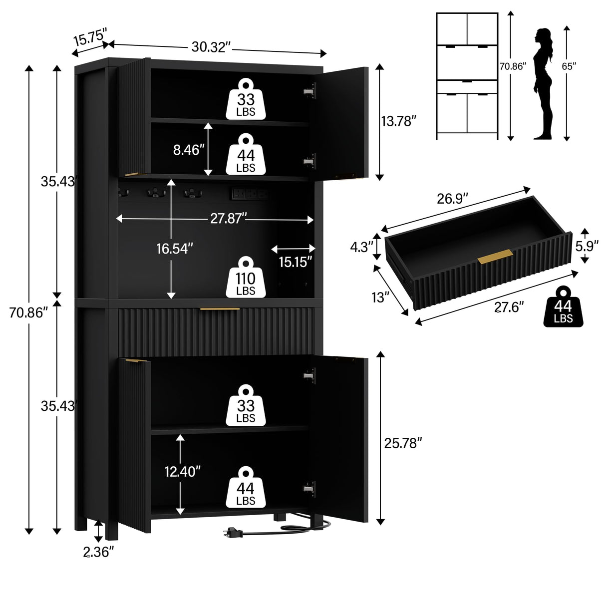 Lulive 71" Fluted Pantry Cabinet with Charging Station & Adjustable Shelves, Spacious Kitchen Storage Cabinet with Open Countertop & Drawer for Dining Room, Living Room, Black Lulive