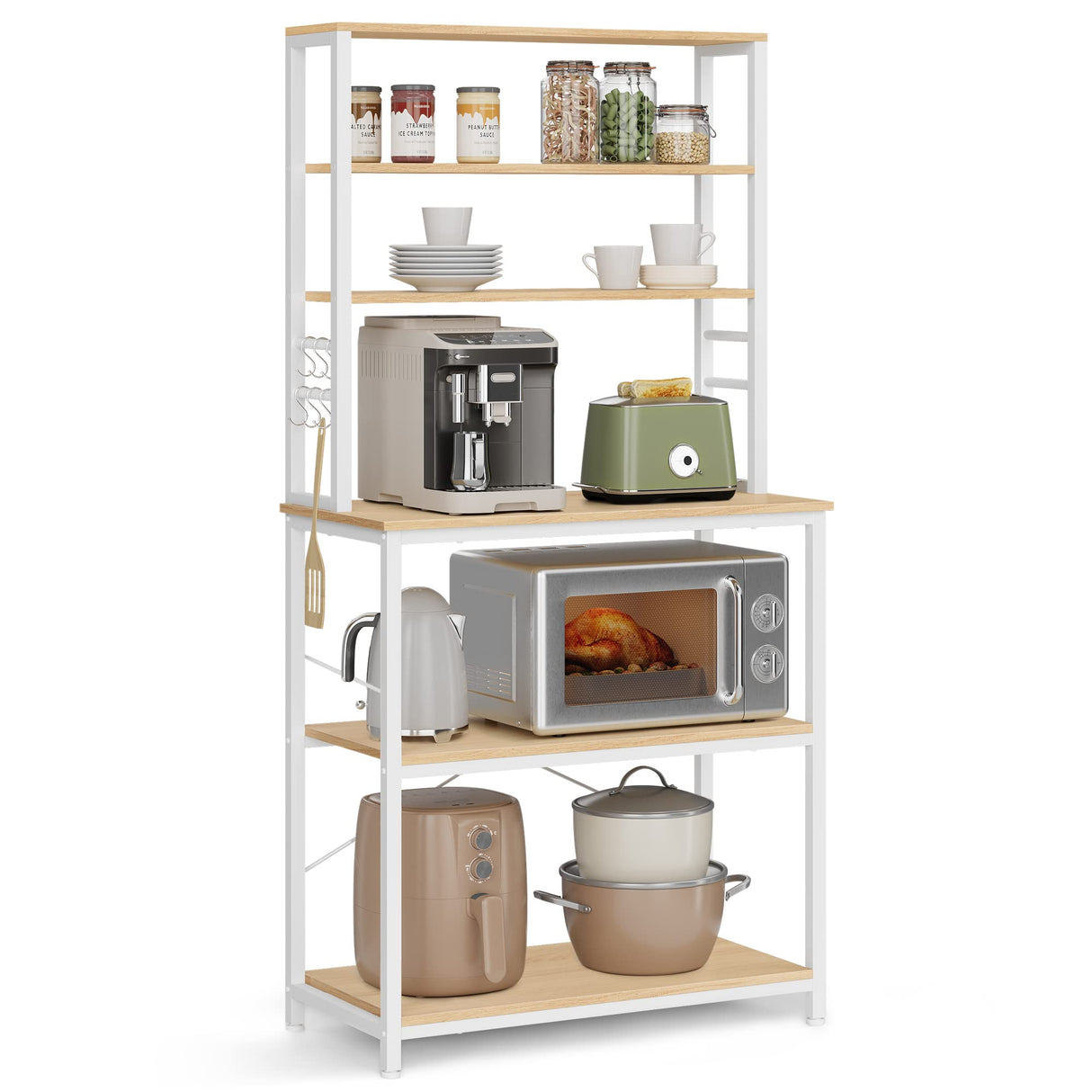 VASAGLE Oak + White 6-Tier Kitchen Baker's Rack with Adjustable Shelves & Hooks VASAGLE