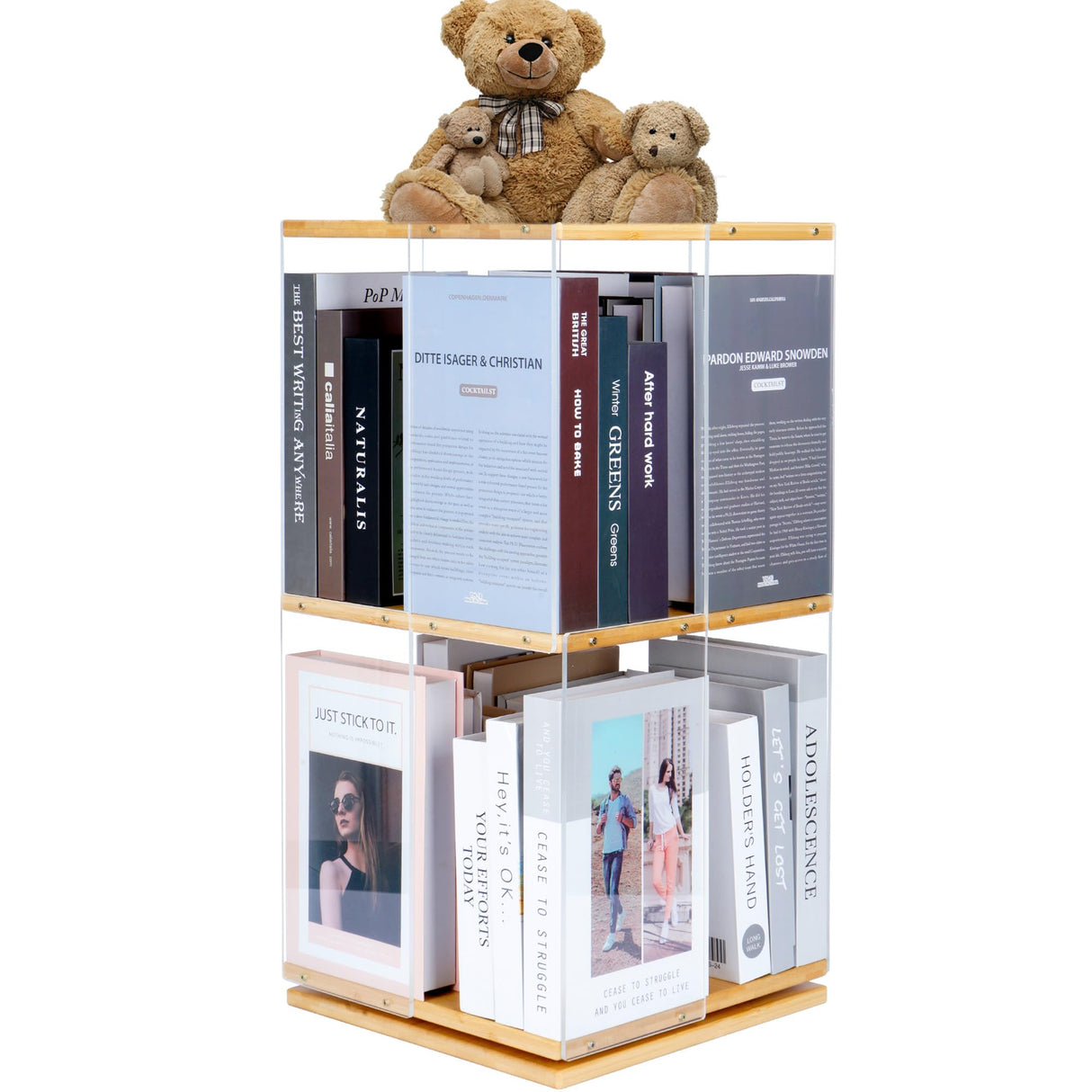Qriocioa 360° Rotating Acrylic Bookshelf - Stylish 2-Tier Corner Storage Rack for Home and Playroom Qriocioa
