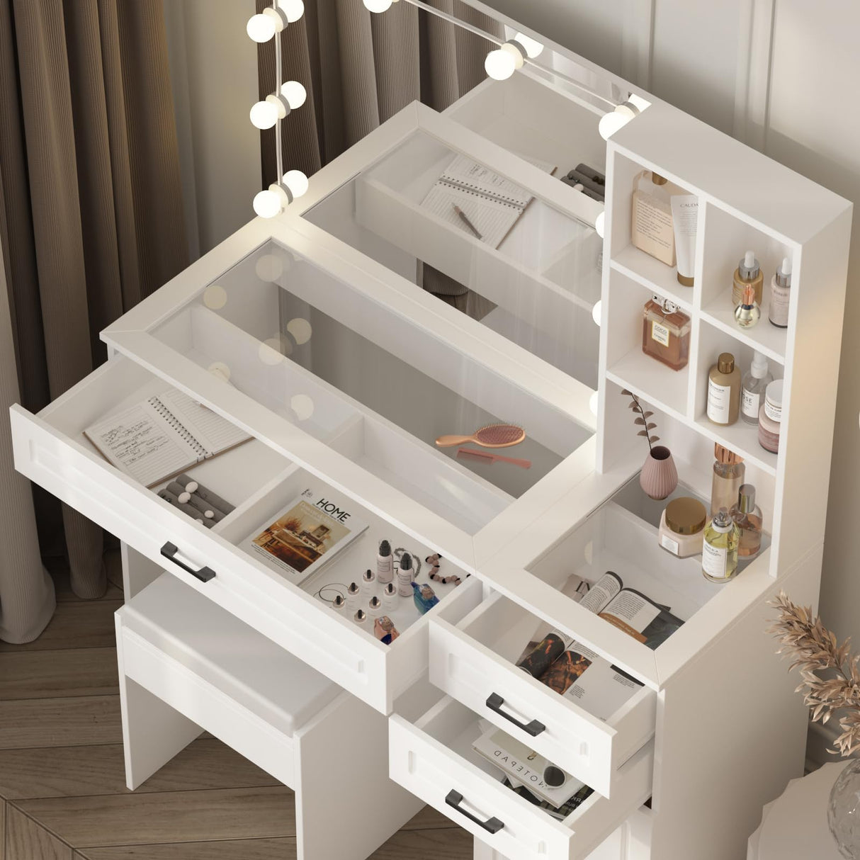 Vabches Vanity Desk Set with Lights and Mirror,White Makeup Desk with 3 Drawers & Storage Cabinet & Shelves,Glass Top Vanity Table Set with 10 Bulbs,3 Lighting Modes Adjustable Brightness Vabches