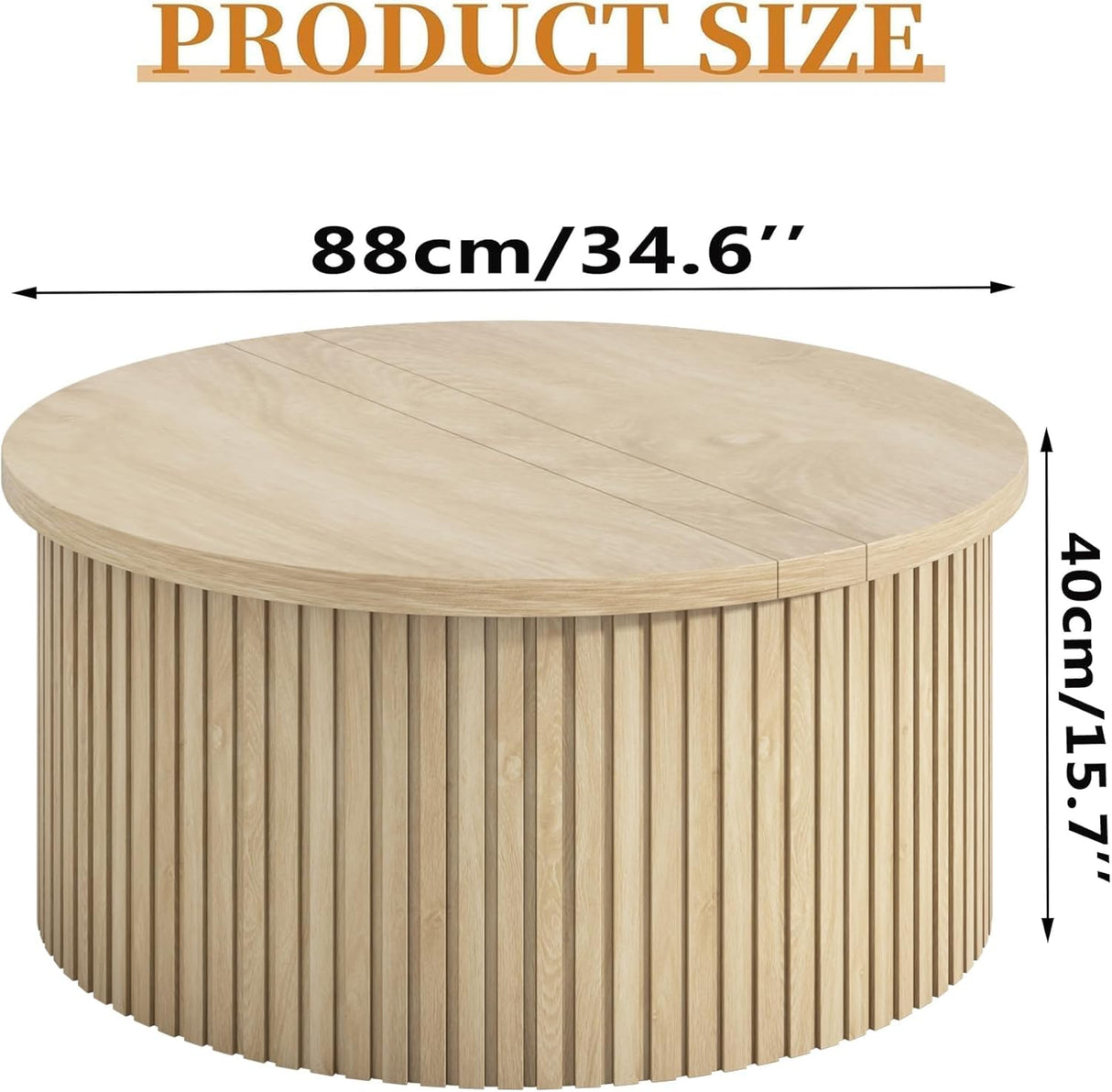 Fsbecl Round Fluted Lift Top Coffee Table with Storage, 34.6'' Farmhouse Round Coffee Tables for Living Room, Circle Wood Accent Center Table for Home, Office, Cafe (Wood Color) Fsbecl