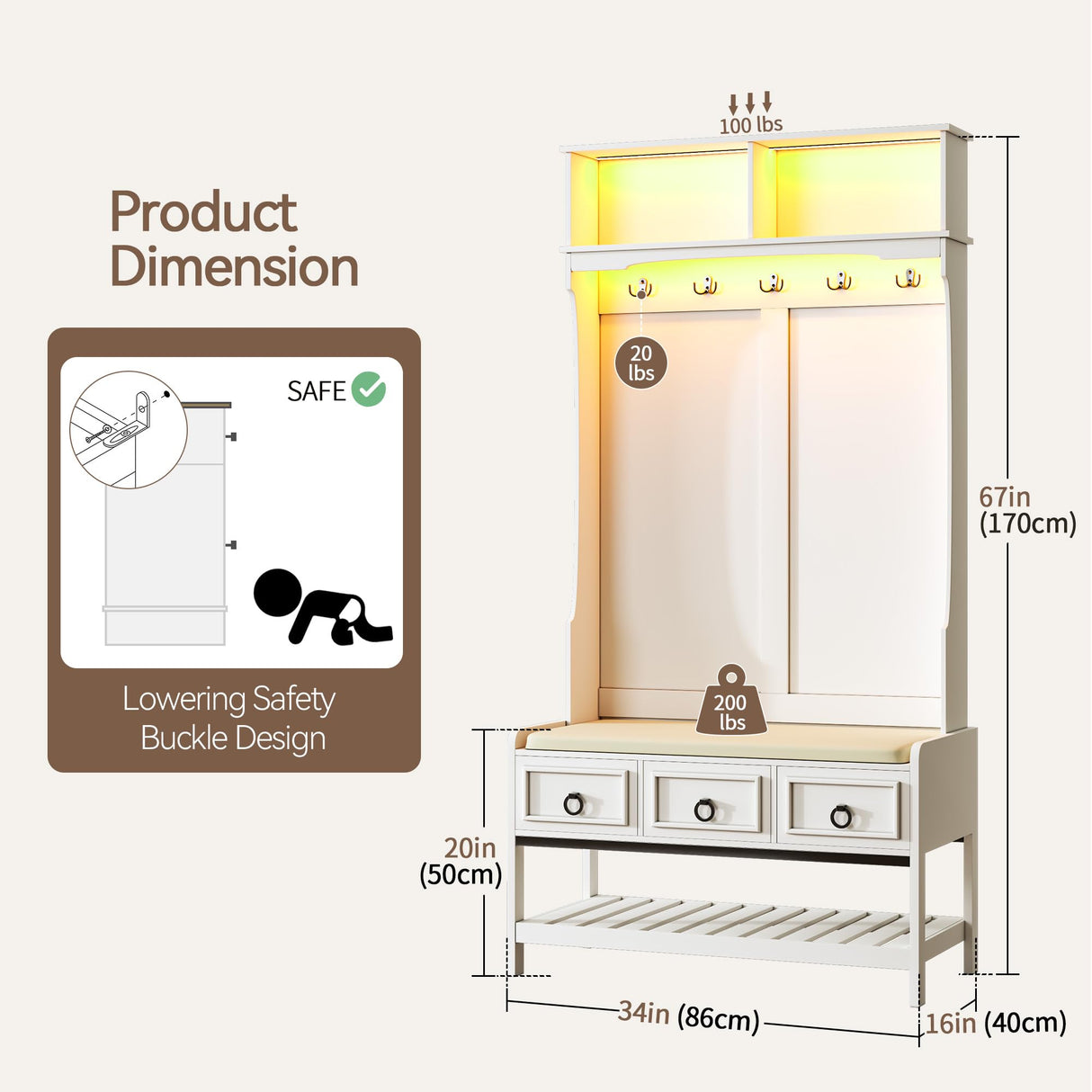 Gurexl 67” Farmhouse Hall Tree with Shoe Storage, Auto Sensor Wood Coat Tree with LED Lights, 3-in-1 Entryway Bench with Coat Rack, Hooks and Drawers for Hallway, Living Room, Bedroom (White) Gurexl