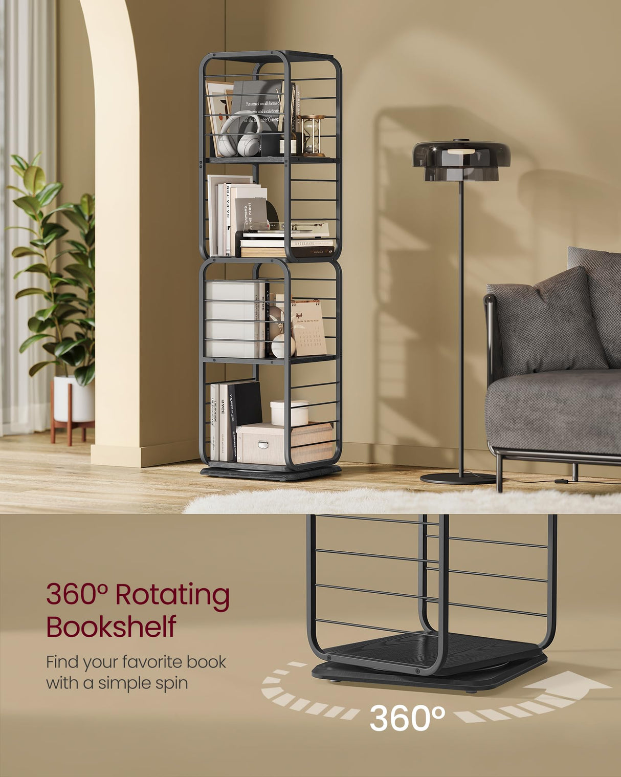 VASAGLE 4-Tier Corner Rotating Bookshelf with Bookends in Black VASAGLE