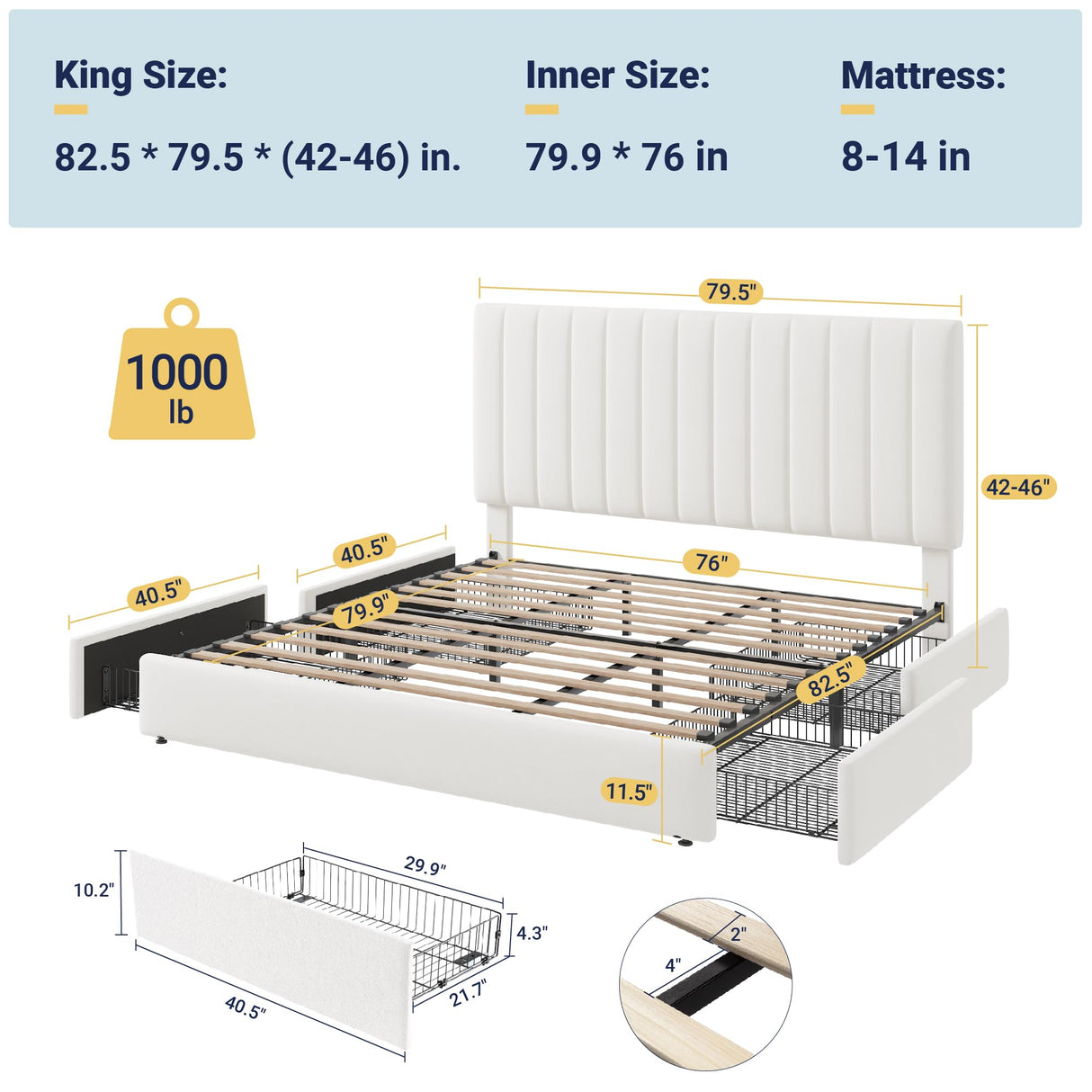 Allewie King Size Storage Bed Frame, Vertical Channel Tufted Adjustable Headboard, Velvet Upholstered Platform Bed with 4 Oversized Underbed Drawers, Wooden Slats Support, No Box Spring Needed, White Allewie