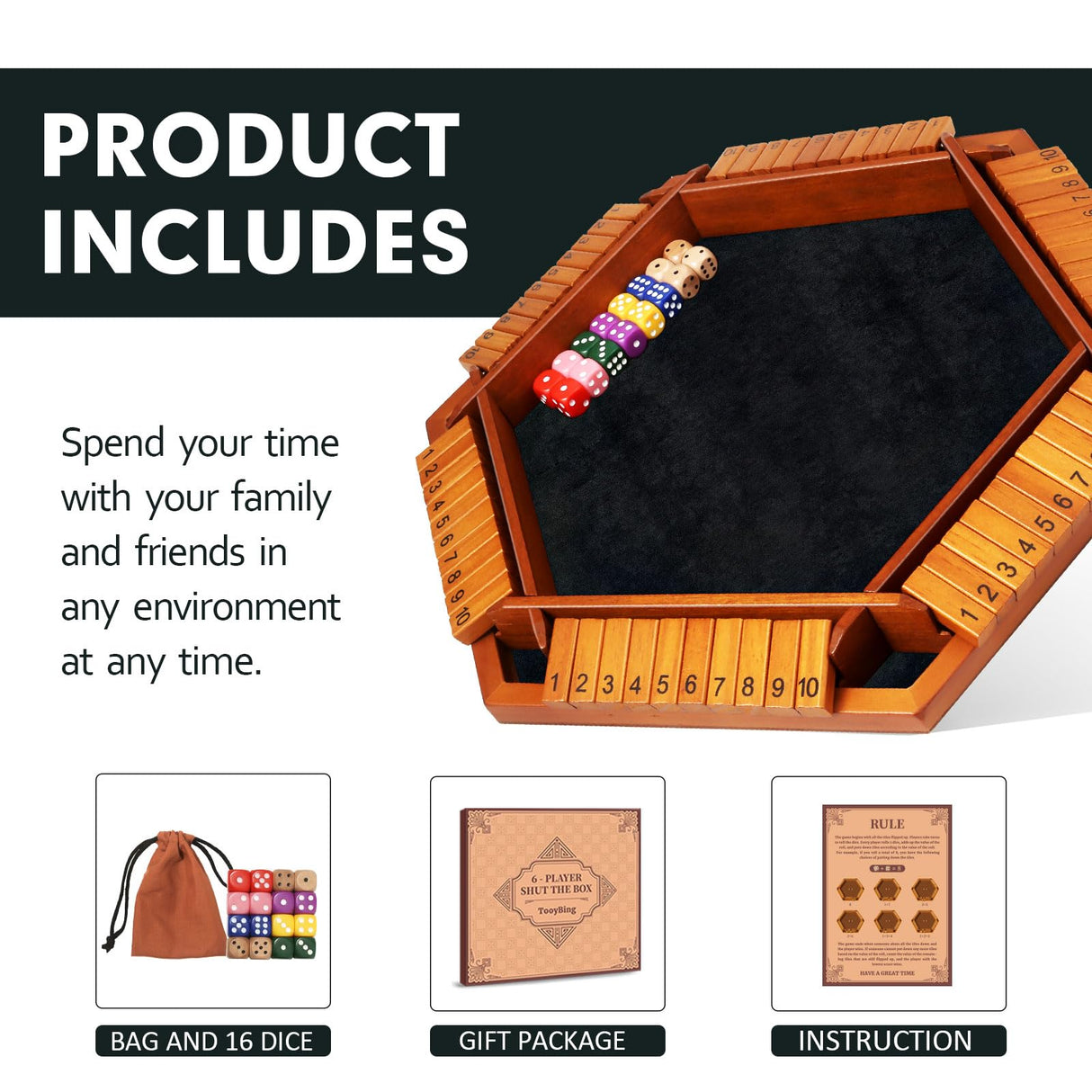 TooyBing Upgraded 1-6 Players Shut The Box Dice Game, Wooden Board Table Family Game for Kids and Adults with 16 Dice, Classic Tabletop Math Game for Pub Classroom Party, Gift for Christmas Birthday TooyBing