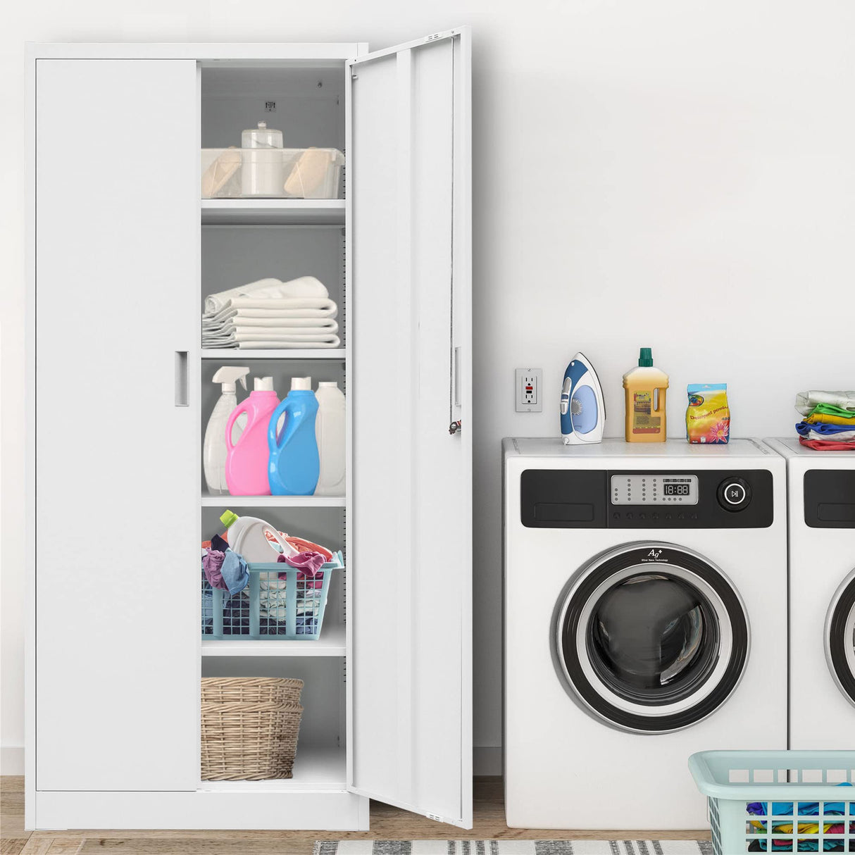 Metal Storage Cabinet, 71”H Locking Storage Cabinet with Adjustable Shelves, Steel Storage Cabinets for Garage, Home, Office, Pantry (White) Wanfu