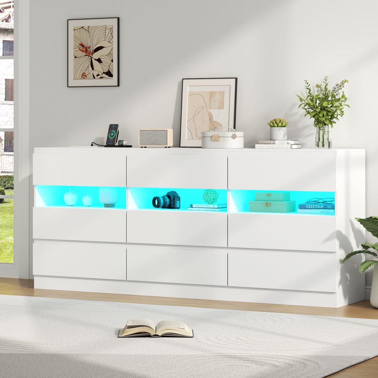 Loomie 9 Drawer Triple Dresser with Charging Station & Led Lights for Bedroom,Long 63" White Dresser TV Stand for TVs up to 75",Wide Large Drawer Dressers Organizer with 3 Open Cubbies for Hallway Loomie