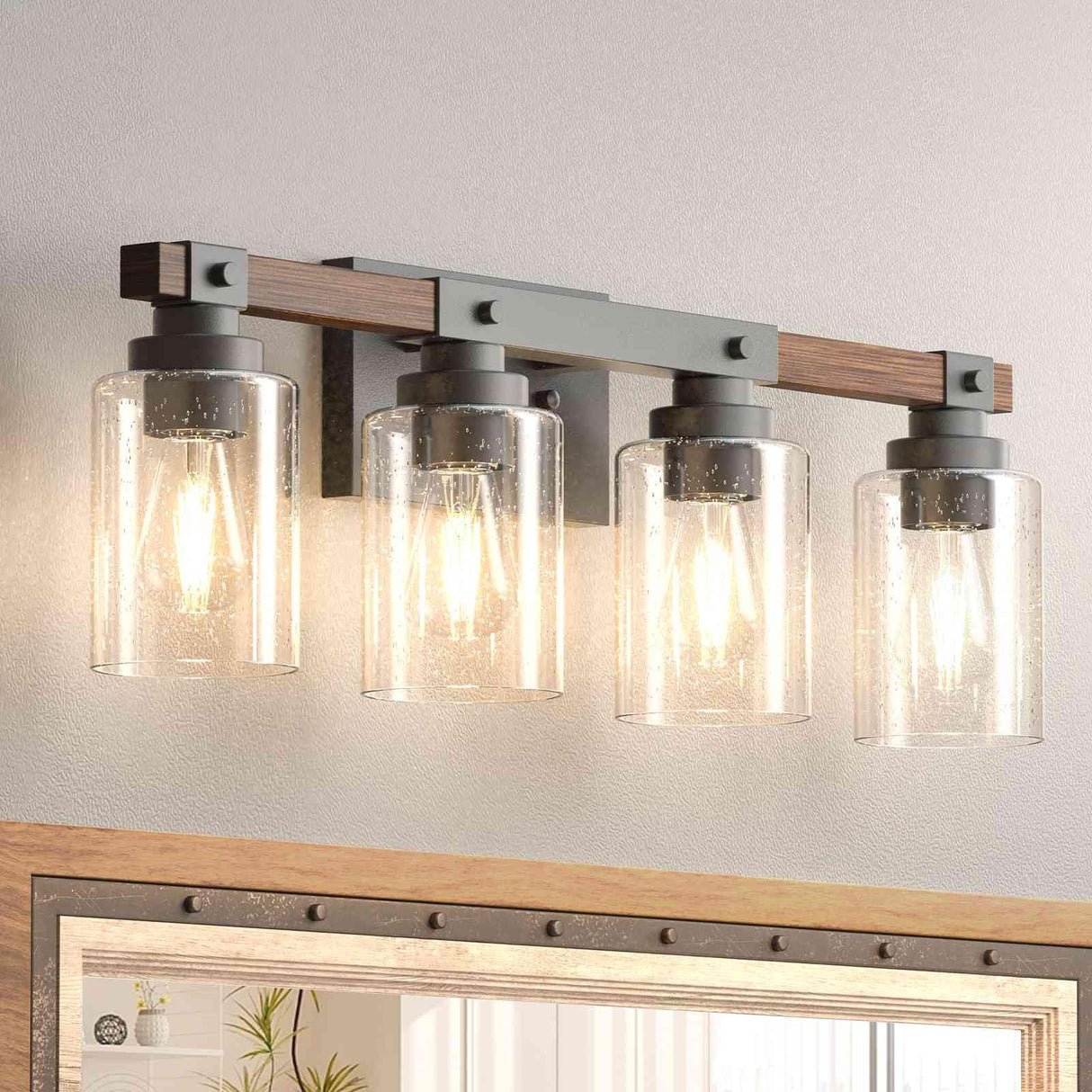 Amico Farmhouse Bathroom Vanity Light Fixtures,Rustic 4-Light Industrial Painted Wood Vanity Lights for Bathroom,Vintage Black Wall Sconces Bathroom Vanity Lighting with Bubble Glass Shade Amico