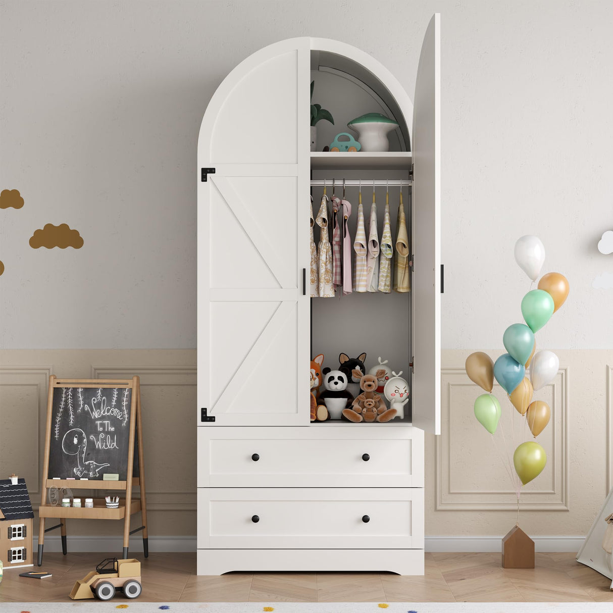 Gyfimoie 74.8" White Armoire Wardrobe Closet with 2 Drawers and 2 Doors, Tall Bedroom Freestanding Armoire Storage Cabinet with Shelves, Wood Large Wardrobe Combination for Hanging Clothes (White) Gyfimoie