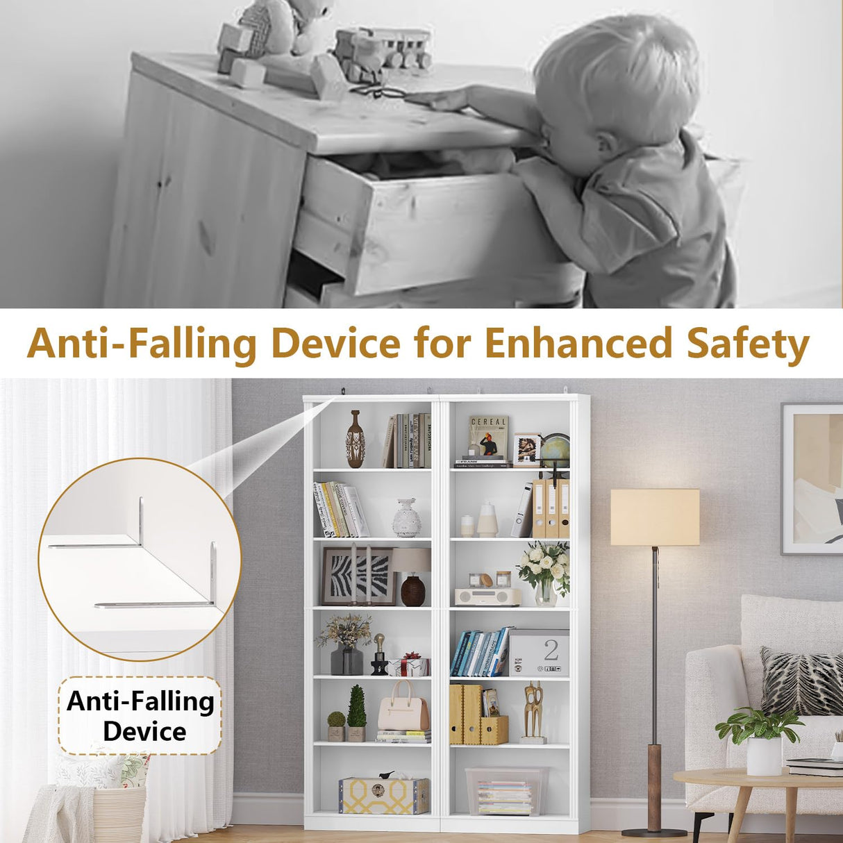 Thacuok 75" Tall Bookshelf & Bookcase, 6-Tier Adjustable Storage Shelves, Book Shelf with Anti-Tipping Device, Floor Standing Modern Display Rack for Living Room, Bedroom, Office, White Thacuok