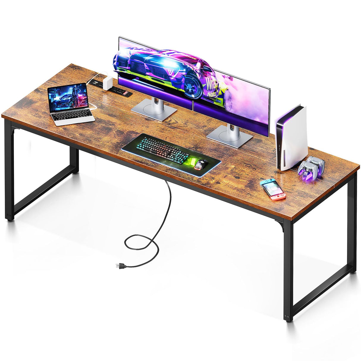 Coleshome 71 Inch Computer Desk with USB Ports, Large Office Desk, Long Study Student Writing Desk, Rustic Brown Coleshome