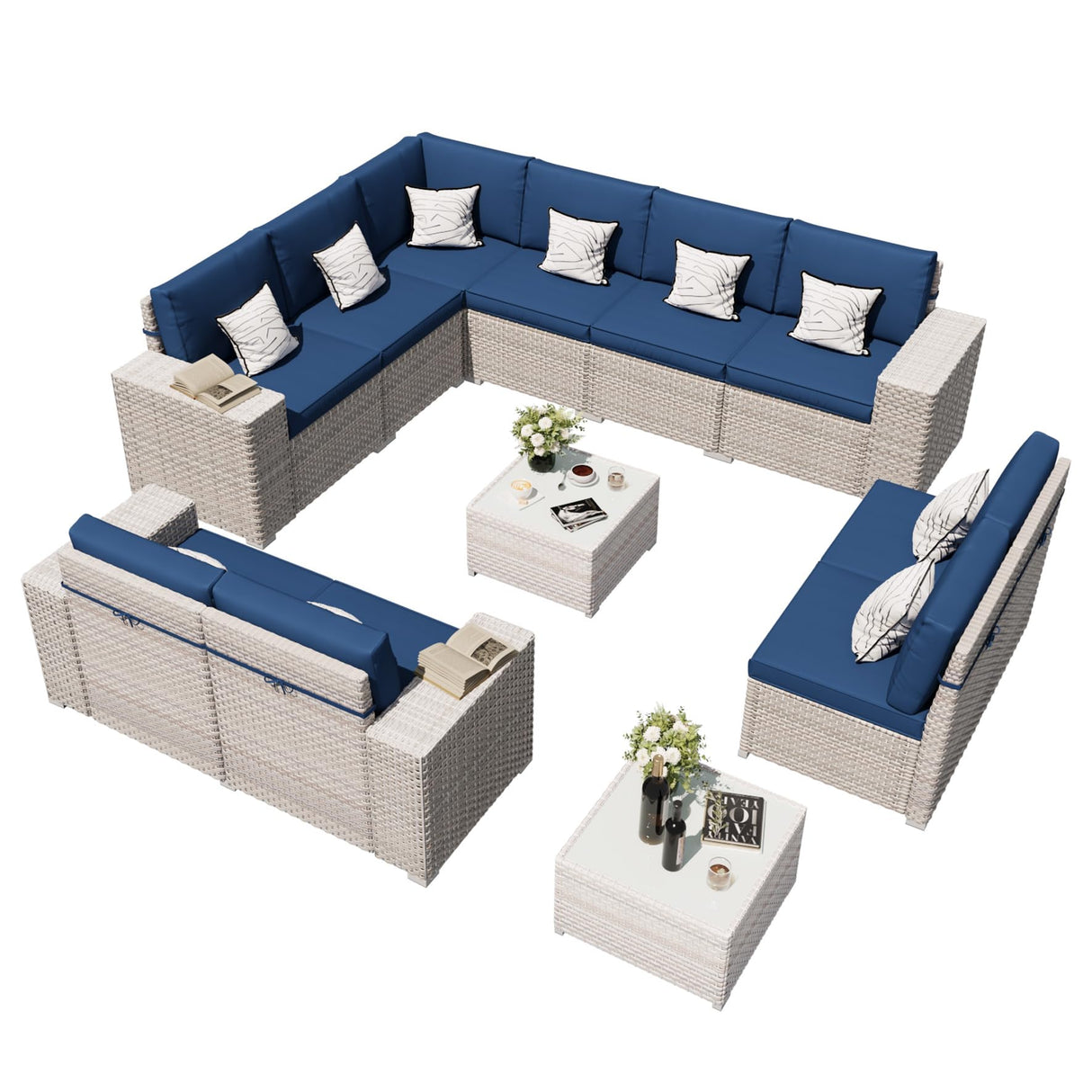 12-Piece Patio Furniture Set, Outdoor Extra Wide Armrest Modular Patio Sofa, Dual-Strand Rattan Wicker, Rust-Resistant Frame, Backyard High Back, Large Seat Furniture for Porch Garden Balcony, Blue HLNPTN