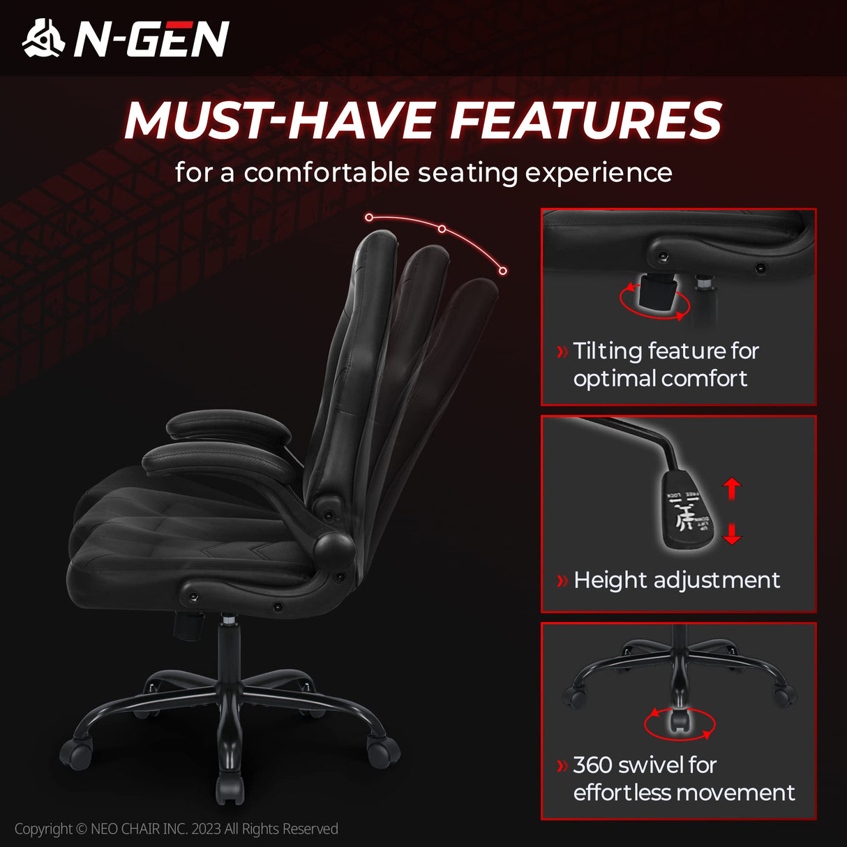 N-GEN Video Gaming Computer Chair Ergonomic Office Chair Desk Chair with Lumbar Support Flip Up Arms Adjustable Height Swivel PU Leather Executive with Wheels for Adults Women Men (Black) NEO CHAIR