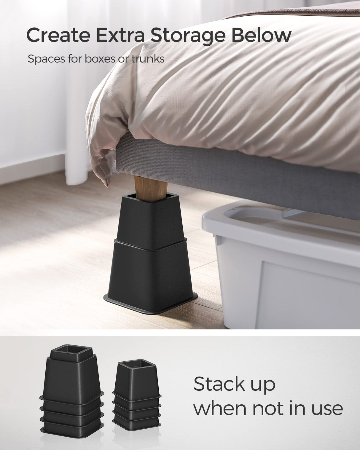 SONGMICS Bed Risers, 4-Pack Furniture Risers, Heavy Duty Bed Lifts in Heights of 3, 5 or 8 Inches, Lifts up to 1300 lb, Stackable Risers for Sofa, Table Legs Extenders, Black UCDG001B01 SONGMICS