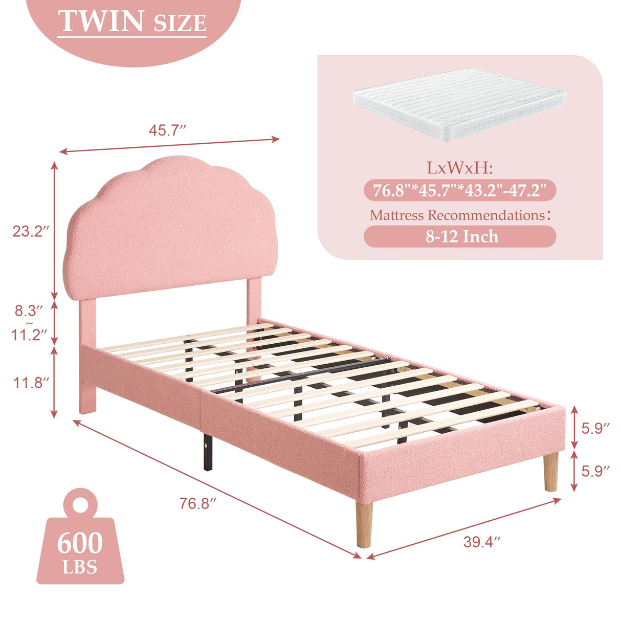 VECELO Twin Size Bed Frame, Upholstered Platform Bedframe with Height Adjustable Plush Fabric Headboard, Strong Wood Slat Supports, No Box Spring Needed, Pink VECELO