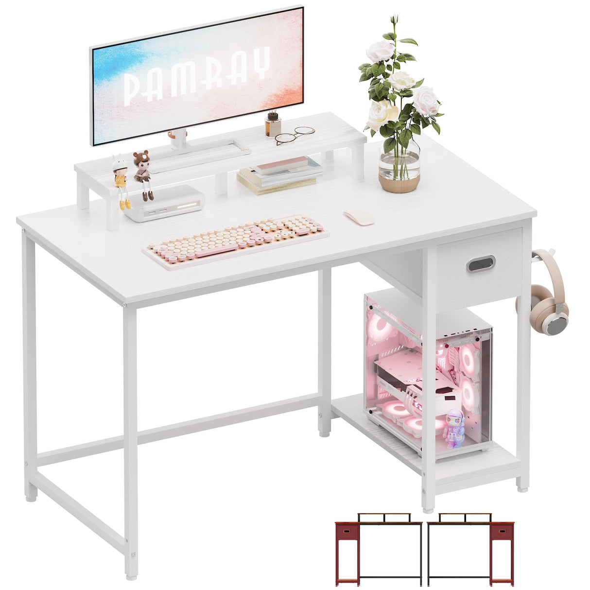 Pamray 39 Inch Computer Desk with Monitor Stand Small Home Office Desks with Non-Woven Storage Drawer for Bedroom Study Table Writing and Work Desk White,White Leg Pamray