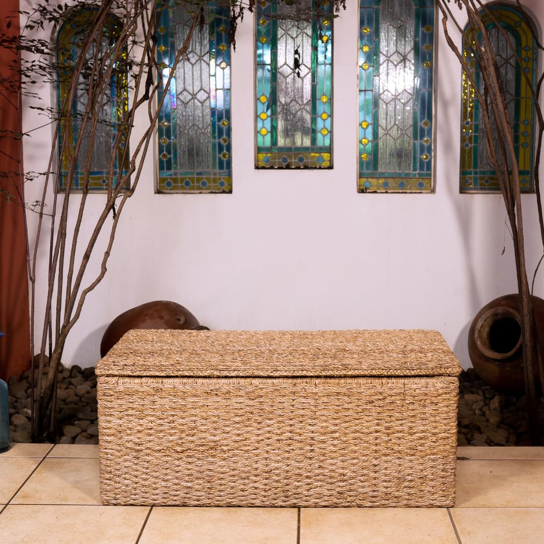 Wholestory Collective Wicker End of Bed Bench Rattan Storage Trunk and Chest Seagrass XL Organizers with Lid, Rattan Coffee Table Ottoman With Storage Handwoven Box (Extra Large) Wholestory Collective