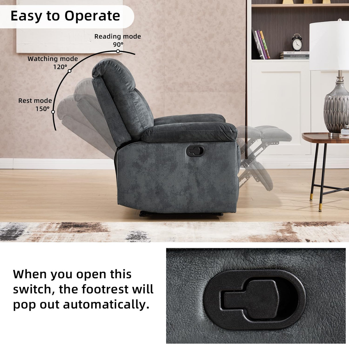 CANMOV Manual Recliner Single Sofa, Wall-Hugger Reclining Couch, Upholstered Sofa Chair with Armrests, Fabric Reclining Couch with Soft Cushion for Living Room, Grey CANMOV
