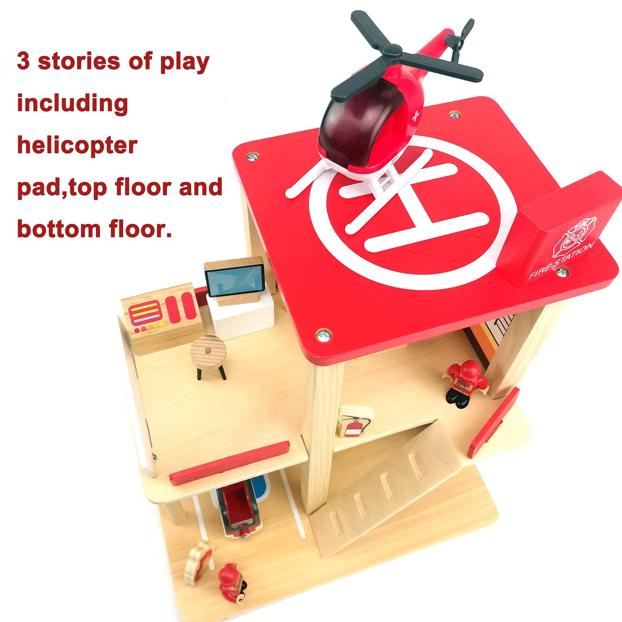 BBtinker Wooden Fire Station Playset, Multicolor 3-Level Pretend Play Dollhouse with Figures, Truck, Helicopter and Accessories, Preschool Learning Educational Toys for Toddlers Kids Age 3 and up BBtinker
