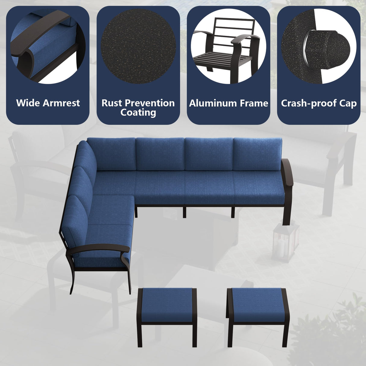 RTDTD Aluminum Patio Furniture Set, 10 Seats Outdoor Patio Conversation Set with Swivel Chair Modern Metal Patio Sectional Sofa with Coffee Table for Patio, Backyard(Navy Blue). RTDTD