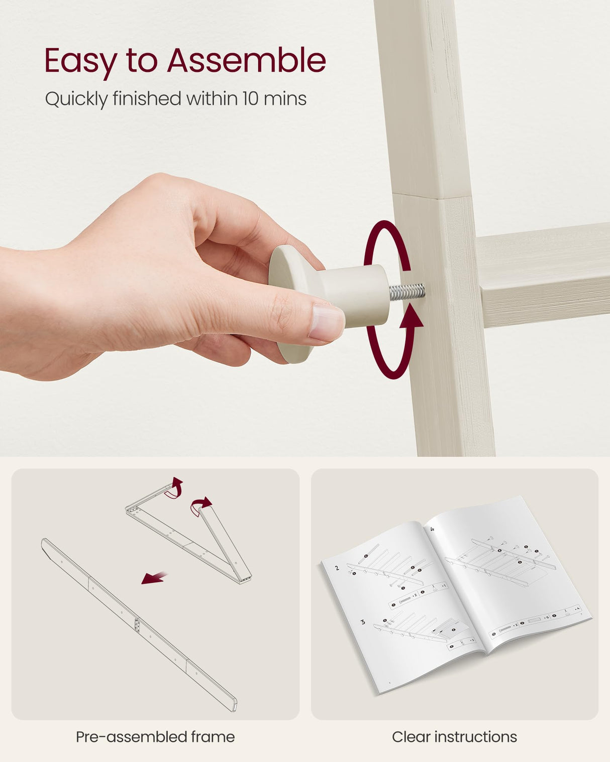 VASAGLE Blanket Ladder for Living Room, 5-Tier Wooden Ladder Shelf, Decorative Farmhouse Blanket Rack with Synthetic Leather Bag, Metal Hooks, Side Hooks, for Bedroom, Cream White ULLS022W01 VASAGLE