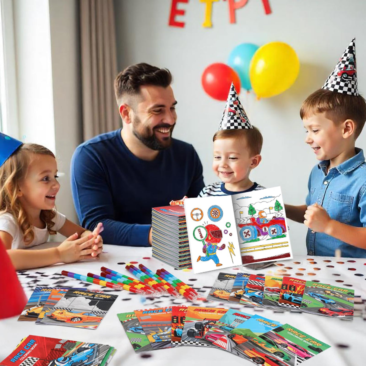 BenLouis 24 Race Car Mini Coloring Books Kids with 24 Stacking Crayons Racing Theme Party Favors Activity Books Bulk for Kids Fast Racecar Wheel Birthday Goodie Bag Gift Stuffer Classroom Reward BenLouis