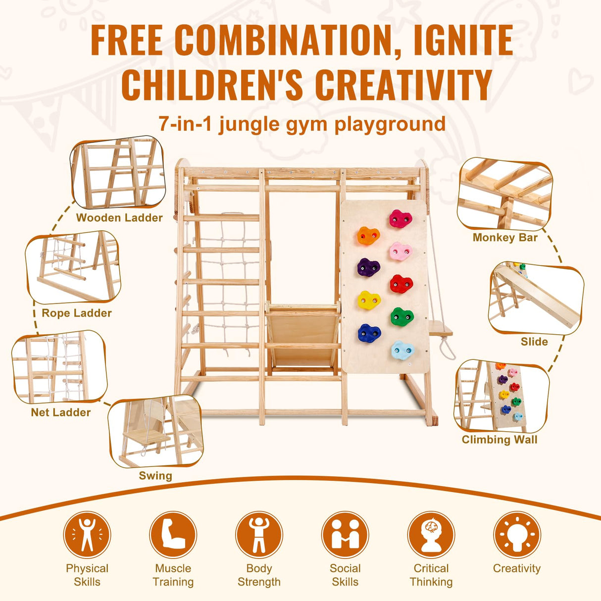 VEVOR Large Size Indoor Jungle Gym, 7-in-1 Toddler Indoor Playground, Wooden Toddler Climbing Toys with Wood & Rope Ladder, Net Ladder, Swing, Monkey Bar, Slide, Climbing Wall, 47.2 x 58 x 56in VEVOR