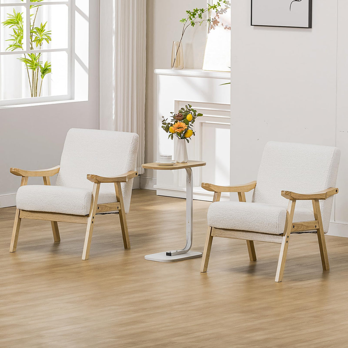 COMHOMA Accent Chair, Mid Century Modern Chair with Solid Wood Armrest, Comfy Upholstered Reading Armchair for Living Room, Bedroom, Balcony (Curved Armrests, White) COMHOMA