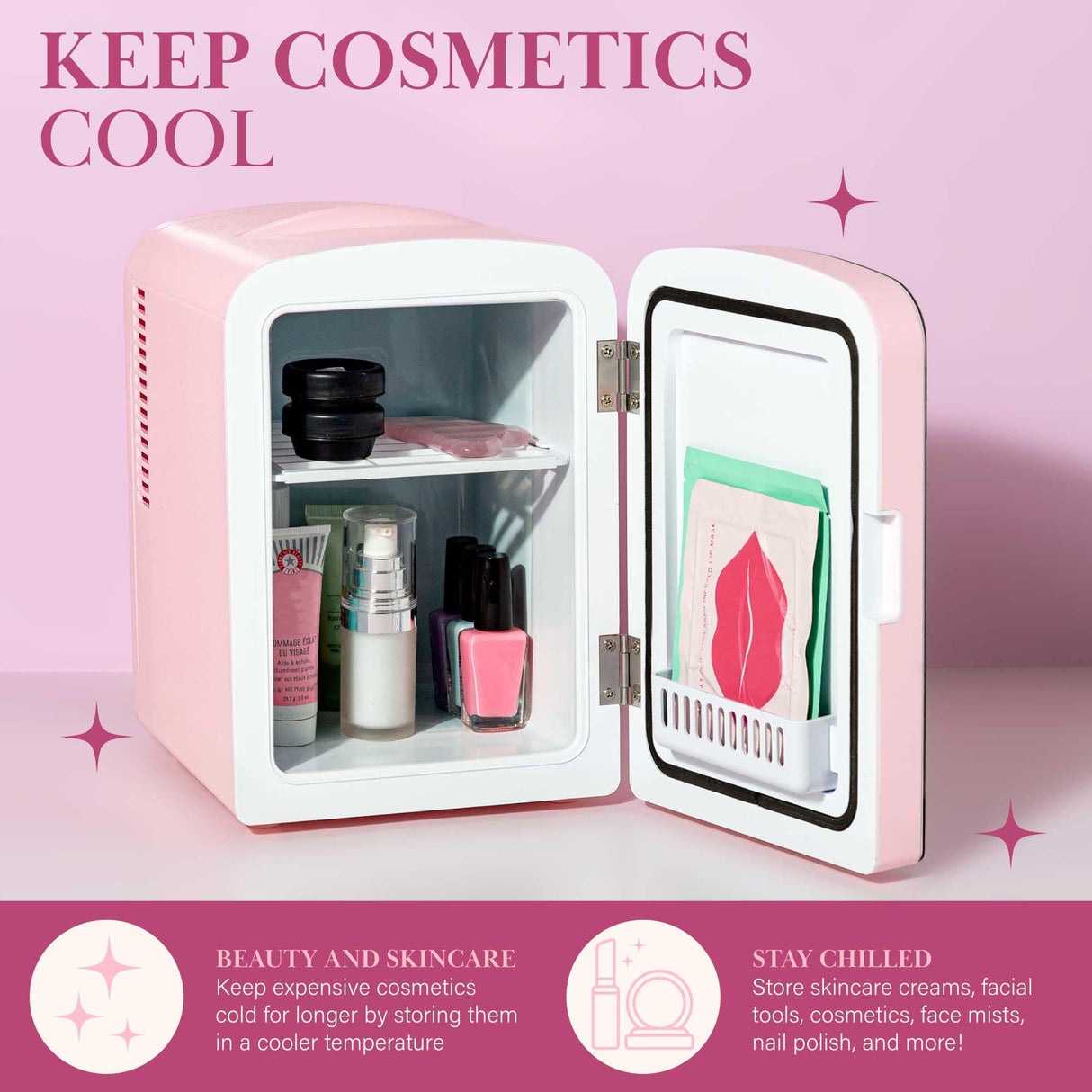 Paris Hilton Mini Refrigerator and Personal Beauty Fridge, Mirrored Door with Dimmable LED Light, Thermoelectric Cooling and Warming Function for All Cosmetics and Skincare Needs, 4-Liter, Pink Paris Hilton