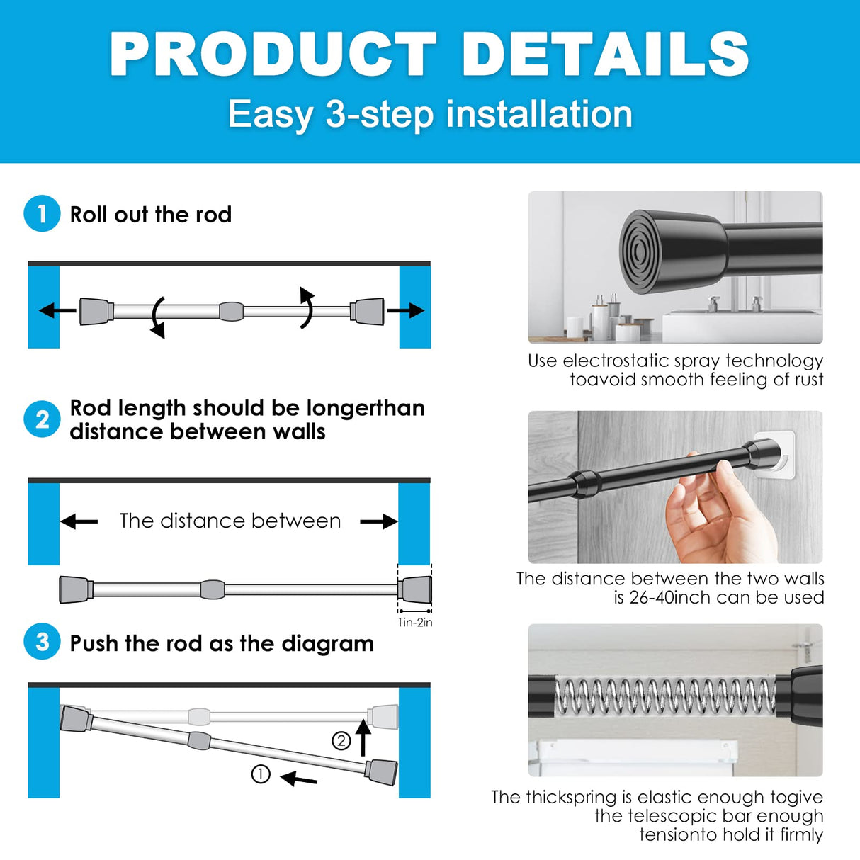 MEXAU 1Pack Spring Tension Curtain Rod 26-39 inch Black Adjustable Spring Rod Extendable Tension Rod For Kitchen, Bathroom, Window, Bookshelf, Closet MEXAU