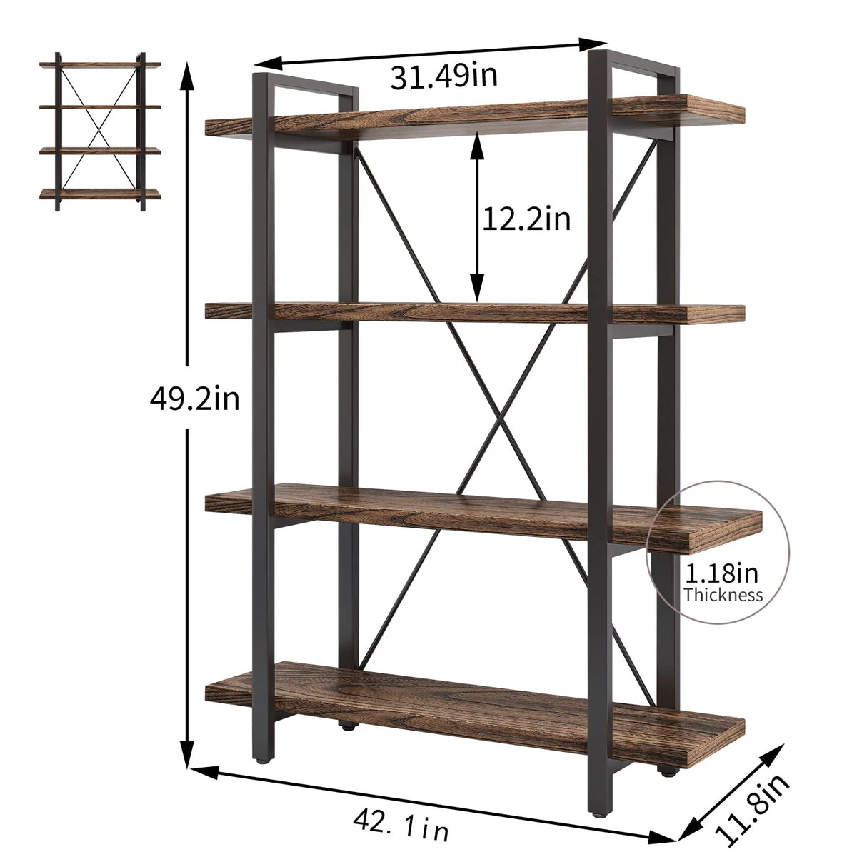 Rustic Solid Wood 4-Tier Bookshelf with Metal Frame – Distressed Brown Finish AY-AOYUAN